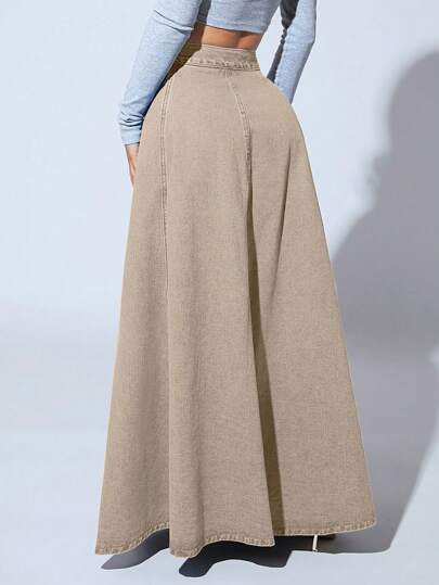 SHEIN SXY تنورة طويلة من قماش الدنيم بتصميم حرف A أنيقة للعمل مع أزرار أمامية بلون سادة