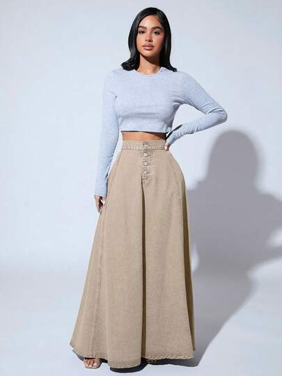 SHEIN SXY تنورة طويلة من قماش الدنيم بتصميم حرف A أنيقة للعمل مع أزرار أمامية بلون سادة