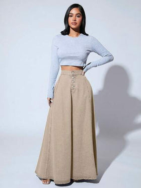 SHEIN SXY تنورة طويلة من قماش الدنيم بتصميم حرف A أنيقة للعمل مع أزرار أمامية بلون سادة