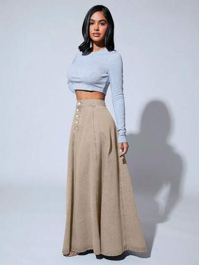SHEIN SXY تنورة طويلة من قماش الدنيم بتصميم حرف A أنيقة للعمل مع أزرار أمامية بلون سادة