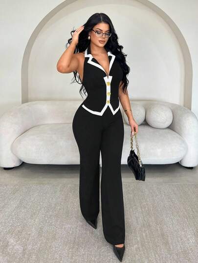 SHEIN SXY بدلة نسائية أنيقة عالية الجودة من قطعتين، سترة بلا أكمام مع حزام معدني باللونين الأسود والأبيض بطراز النقود القديمة + بنطلون مستقيم فائق الطول، مناسبة للارتداء اليومي والمناسبات الرسمية والخروجات والحفلات؛ بدلة بنطلون من قطعتين باللونين الأسود و