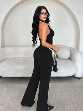 SHEIN SXY بدلة نسائية أنيقة عالية الجودة من قطعتين، سترة بلا أكمام مع حزام معدني باللونين الأسود والأبيض بطراز النقود القديمة + بنطلون مستقيم فائق الطول، مناسبة للارتداء اليومي والمناسبات الرسمية والخروجات والحفلات؛ بدلة بنطلون من قطعتين باللونين الأسود و
