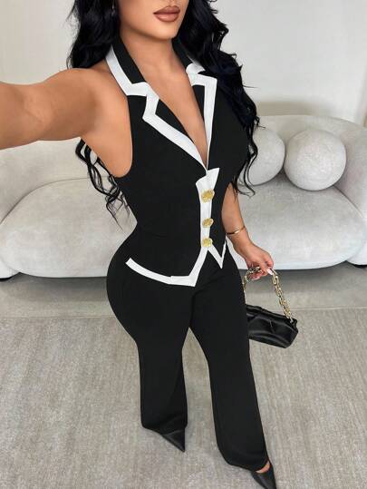 SHEIN SXY بدلة نسائية أنيقة عالية الجودة من قطعتين، سترة بلا أكمام مع حزام معدني باللونين الأسود والأبيض بطراز النقود القديمة + بنطلون مستقيم فائق الطول، مناسبة للارتداء اليومي والمناسبات الرسمية والخروجات والحفلات؛ بدلة بنطلون من قطعتين باللونين الأسود و