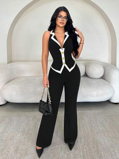 SHEIN SXY بدلة نسائية أنيقة عالية الجودة من قطعتين، سترة بلا أكمام مع حزام معدني باللونين الأسود والأبيض بطراز النقود القديمة + بنطلون مستقيم فائق الطول، مناسبة للارتداء اليومي والمناسبات الرسمية والخروجات والحفلات؛ بدلة بنطلون من قطعتين باللونين الأسود و