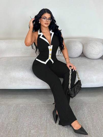 SHEIN SXY بدلة نسائية أنيقة عالية الجودة من قطعتين، سترة بلا أكمام مع حزام معدني باللونين الأسود والأبيض بطراز النقود القديمة + بنطلون مستقيم فائق الطول، مناسبة للارتداء اليومي والمناسبات الرسمية والخروجات والحفلات؛ بدلة بنطلون من قطعتين باللونين الأسود و