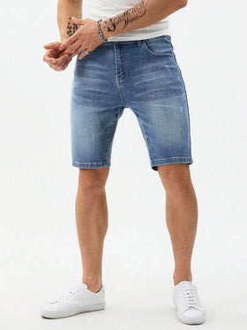 Manfinity Homme شورتات جينز أزرق فاتح للرجال بقصة ضيقة عصرية، طراز الموضة للشارع للربيع والصيف