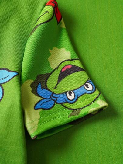 TEENAGE MUTANT NINJA TURTLES | SHEIN طقم بيجامة لفتى صغير يتكون من تي شيرت كاجوال بأكمام قصيرة مزخرف برسمة سلحفاة كرتونية وبنطال كامو