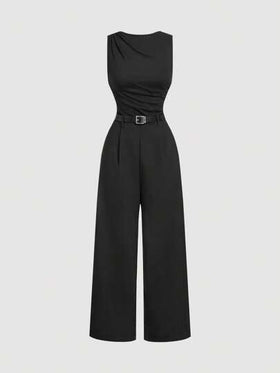 SHEIN MOD جمبسوت نسائية سوداء فضفاضة بتنورة واسعة مطوية مع حزام، بطراز كاجوال، قطعة واحدة