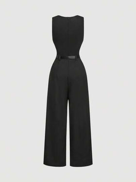 SHEIN MOD جمبسوت نسائية سوداء فضفاضة بتنورة واسعة مطوية مع حزام، بطراز كاجوال، قطعة واحدة