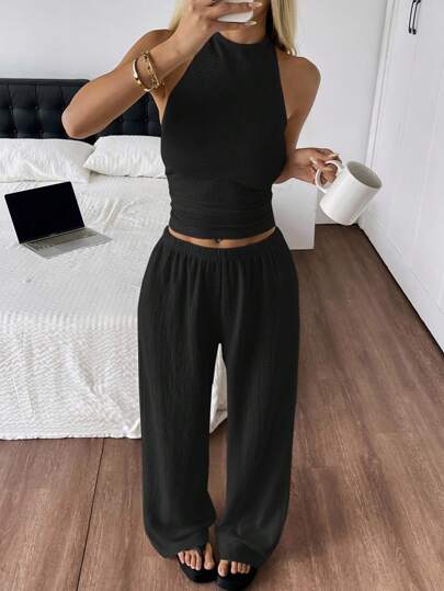 SHEIN EZwear بدلة نسائية تتكون من توب بياقة حورية وبنطال طويل للصيف