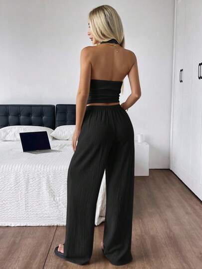 SHEIN EZwear بدلة نسائية تتكون من توب بياقة حورية وبنطال طويل للصيف