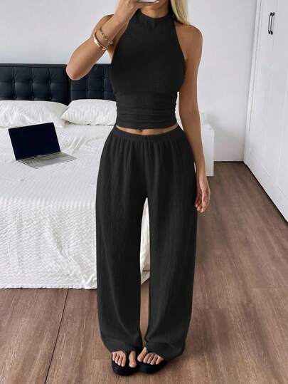 SHEIN EZwear بدلة نسائية تتكون من توب بياقة حورية وبنطال طويل للصيف