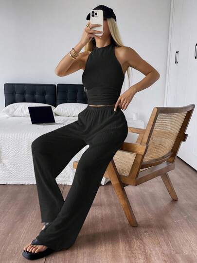 SHEIN EZwear بدلة نسائية تتكون من توب بياقة حورية وبنطال طويل للصيف