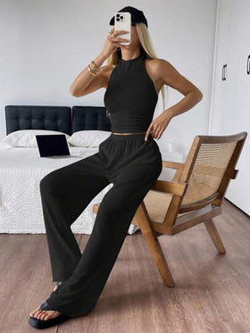 SHEIN EZwear بدلة نسائية تتكون من توب بياقة حورية وبنطال طويل للصيف