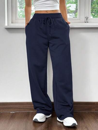 SHEIN EZwear بنطلون رياضي واسع بتصميم بسيط لونه أزرق نافي، للبيت والرياضة