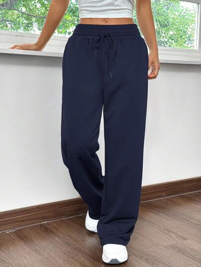 SHEIN EZwear بنطلون رياضي واسع بتصميم بسيط لونه أزرق نافي، للبيت والرياضة