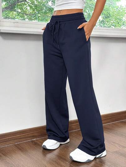 SHEIN EZwear بنطلون رياضي واسع بتصميم بسيط لونه أزرق نافي، للبيت والرياضة