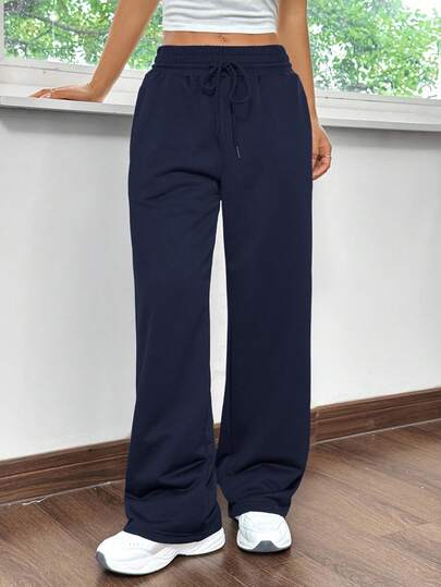 SHEIN EZwear بنطلون رياضي واسع بتصميم بسيط لونه أزرق نافي، للبيت والرياضة
