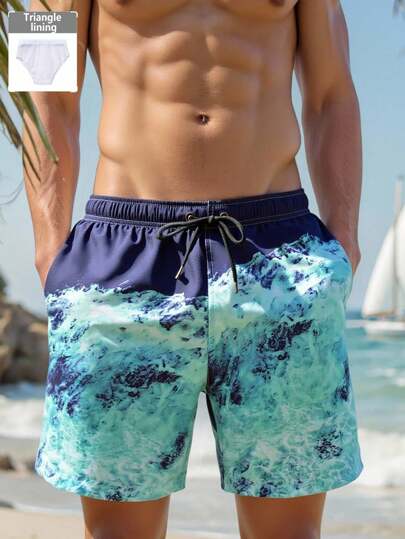 Manfinity Swimmode شورتات سباحة رجالية ذات خصر مربوط بسحاب وجيوب مائلة بطبعة موجية صيفية، شورتات سباحة رجالية باللون الأزرق