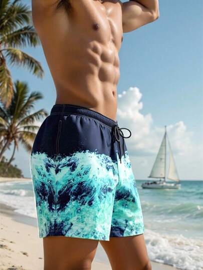 Manfinity Swimmode شورتات سباحة رجالية ذات خصر مربوط بسحاب وجيوب مائلة بطبعة موجية صيفية، شورتات سباحة رجالية باللون الأزرق