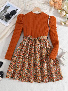 SHEIN فستان بوهيمي كروشيه باللون البني ذو رقبة دائرية، أكمام طويلة، رقعات، طباعة زهور متناثرة، مناسب للخريف والشتاء، فستان شتوي لعطلات