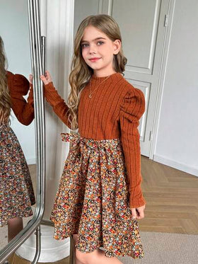 SHEIN فستان بوهيمي كروشيه باللون البني ذو رقبة دائرية، أكمام طويلة، رقعات، طباعة زهور متناثرة، مناسب للخريف والشتاء، فستان شتوي لعطلات
