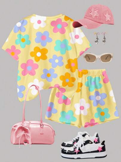 Emery Rose Kids Emery Rose Kids مجموعة بلوزة كم قصير وشورت 2 قطعة مصممة للفتيات المراهقات ذات طراز بسيط، مناسبة للصيف