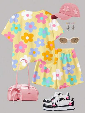 Emery Rose Kids Emery Rose Kids مجموعة بلوزة كم قصير وشورت 2 قطعة مصممة للفتيات المراهقات ذات طراز بسيط، مناسبة للصيف