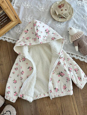 SHEIN معطف سميك مبطن بالحرارة مع غطاء رأس للبنات الصغار بنمط زهري جميل، ملابس خارجية دافئة للخريف/الشتاء