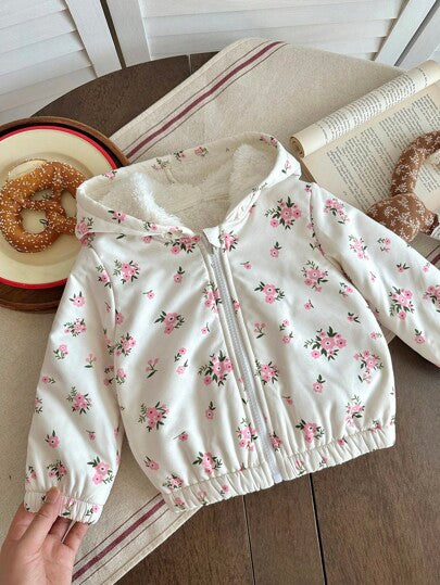 SHEIN معطف سميك مبطن بالحرارة مع غطاء رأس للبنات الصغار بنمط زهري جميل، ملابس خارجية دافئة للخريف/الشتاء