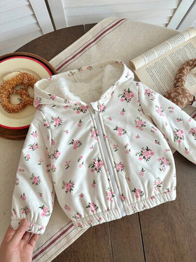 SHEIN معطف سميك مبطن بالحرارة مع غطاء رأس للبنات الصغار بنمط زهري جميل، ملابس خارجية دافئة للخريف/الشتاء