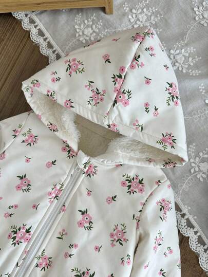 SHEIN معطف سميك مبطن بالحرارة مع غطاء رأس للبنات الصغار بنمط زهري جميل، ملابس خارجية دافئة للخريف/الشتاء