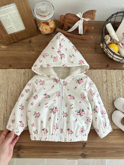 SHEIN معطف سميك مبطن بالحرارة مع غطاء رأس للبنات الصغار بنمط زهري جميل، ملابس خارجية دافئة للخريف/الشتاء