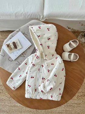 SHEIN معطف مبطن بالحرارة ذو قبعة للبنات الصغار، بنمط الكرز المتعدد الاستخدامات للخريف/الشتاء
