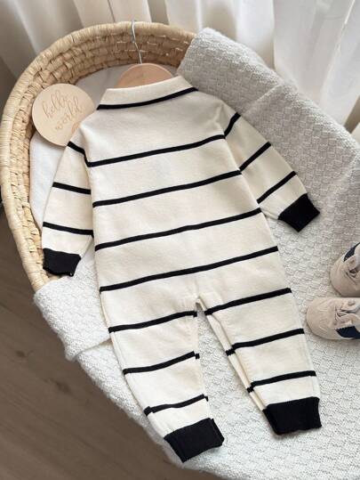 SHEIN رومبير رومبر تريكو رضيع جديد طويلة الأكمام بياقة بولو للأولاد والبنات، ملونة بألوان متناسقة، مناسبة للخريف والشتاء