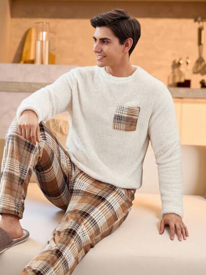 Manfinity Underwear&Sleepwear Basics طقم ملابس منزلية كاجوال من القطيفة المربعة مع جيوب للرجال، ملابس منزلية للشتاء والخريف، بيجامة ناعمة ودافئة