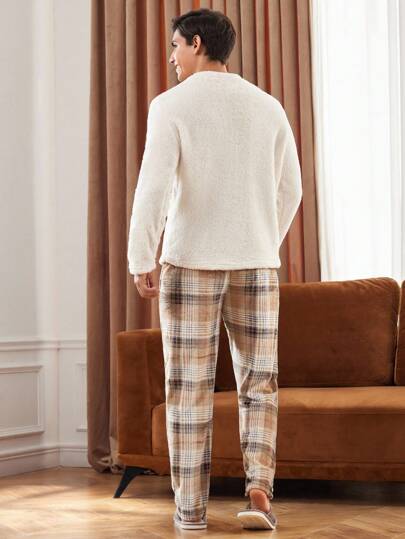 Manfinity Underwear&Sleepwear Basics طقم ملابس منزلية كاجوال من القطيفة المربعة مع جيوب للرجال، ملابس منزلية للشتاء والخريف، بيجامة ناعمة ودافئة
