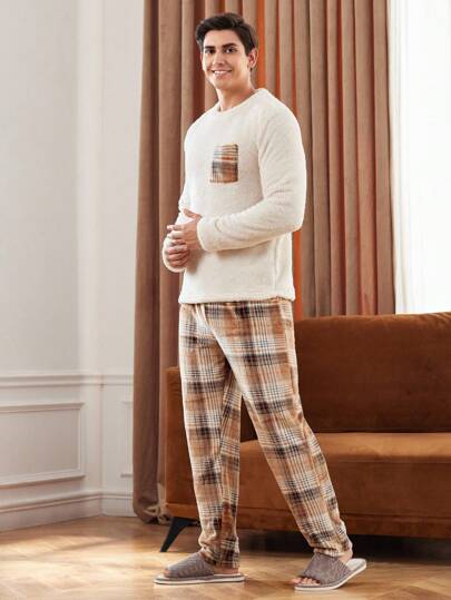 Manfinity Underwear&Sleepwear Basics طقم ملابس منزلية كاجوال من القطيفة المربعة مع جيوب للرجال، ملابس منزلية للشتاء والخريف، بيجامة ناعمة ودافئة