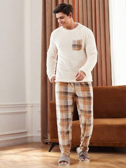 Manfinity Underwear&Sleepwear Basics طقم ملابس منزلية كاجوال من القطيفة المربعة مع جيوب للرجال، ملابس منزلية للشتاء والخريف، بيجامة ناعمة ودافئة
