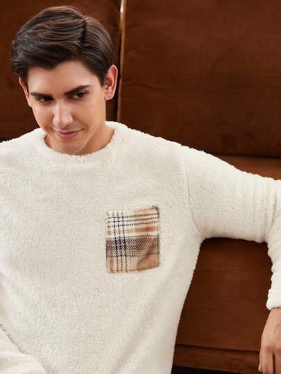 Manfinity Underwear&Sleepwear Basics طقم ملابس منزلية كاجوال من القطيفة المربعة مع جيوب للرجال، ملابس منزلية للشتاء والخريف، بيجامة ناعمة ودافئة