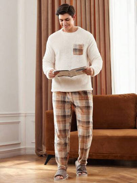 Manfinity Underwear&Sleepwear Basics طقم ملابس منزلية كاجوال من القطيفة المربعة مع جيوب للرجال، ملابس منزلية للشتاء والخريف، بيجامة ناعمة ودافئة