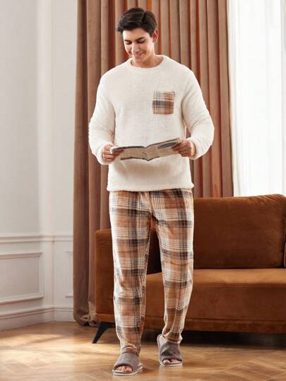 Manfinity Underwear&Sleepwear Basics طقم ملابس منزلية كاجوال من القطيفة المربعة مع جيوب للرجال، ملابس منزلية للشتاء والخريف، بيجامة ناعمة ودافئة