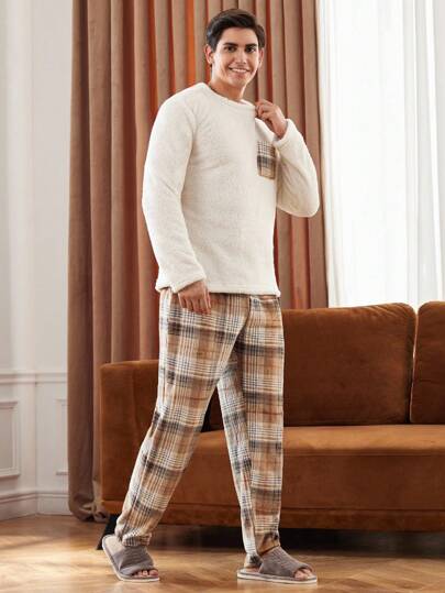 Manfinity Underwear&Sleepwear Basics طقم ملابس منزلية كاجوال من القطيفة المربعة مع جيوب للرجال، ملابس منزلية للشتاء والخريف، بيجامة ناعمة ودافئة