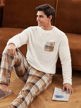 Manfinity Underwear&Sleepwear Basics طقم ملابس منزلية كاجوال من القطيفة المربعة مع جيوب للرجال، ملابس منزلية للشتاء والخريف، بيجامة ناعمة ودافئة