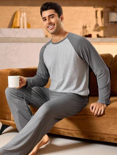 Manfinity Underwear&Sleepwear Basics مجموعة بيجامة رجالية من قطعتين (ملابس علوية وبنطلون) بتصميم لوحة ألوان متباينة، أكمام طويلة، ملابس منزلية أساسية للنوم والراحة في فصلي الخريف والشتاء