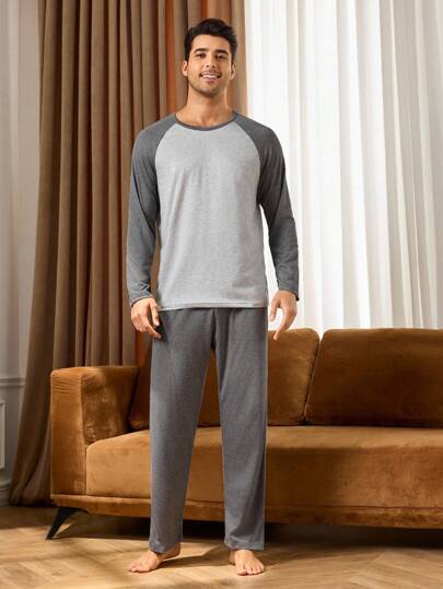 Manfinity Underwear&Sleepwear Basics مجموعة بيجامة رجالية من قطعتين (ملابس علوية وبنطلون) بتصميم لوحة ألوان متباينة، أكمام طويلة، ملابس منزلية أساسية للنوم والراحة في فصلي الخريف والشتاء