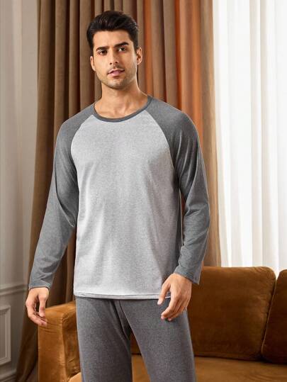 Manfinity Underwear&Sleepwear Basics مجموعة بيجامة رجالية من قطعتين (ملابس علوية وبنطلون) بتصميم لوحة ألوان متباينة، أكمام طويلة، ملابس منزلية أساسية للنوم والراحة في فصلي الخريف والشتاء