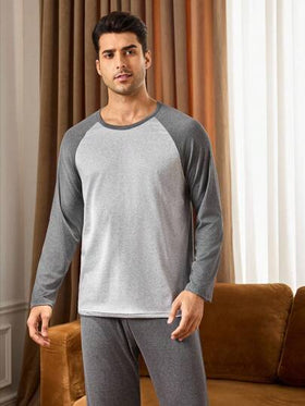 Manfinity Underwear&Sleepwear Basics مجموعة بيجامة رجالية من قطعتين (ملابس علوية وبنطلون) بتصميم لوحة ألوان متباينة، أكمام طويلة، ملابس منزلية أساسية للنوم والراحة في فصلي الخريف والشتاء