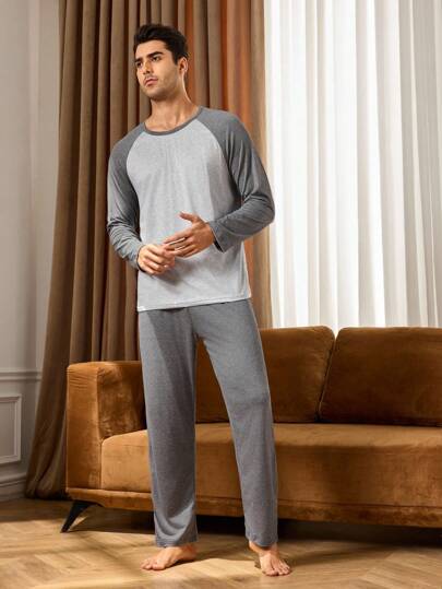 Manfinity Underwear&Sleepwear Basics مجموعة بيجامة رجالية من قطعتين (ملابس علوية وبنطلون) بتصميم لوحة ألوان متباينة، أكمام طويلة، ملابس منزلية أساسية للنوم والراحة في فصلي الخريف والشتاء