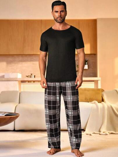 Manfinity Underwear&Sleepwear Basics بنطلون رجالي فضفاض بخصر مرن وساق مستقيمة بطبعة المربعات، للخريف والشتاء
